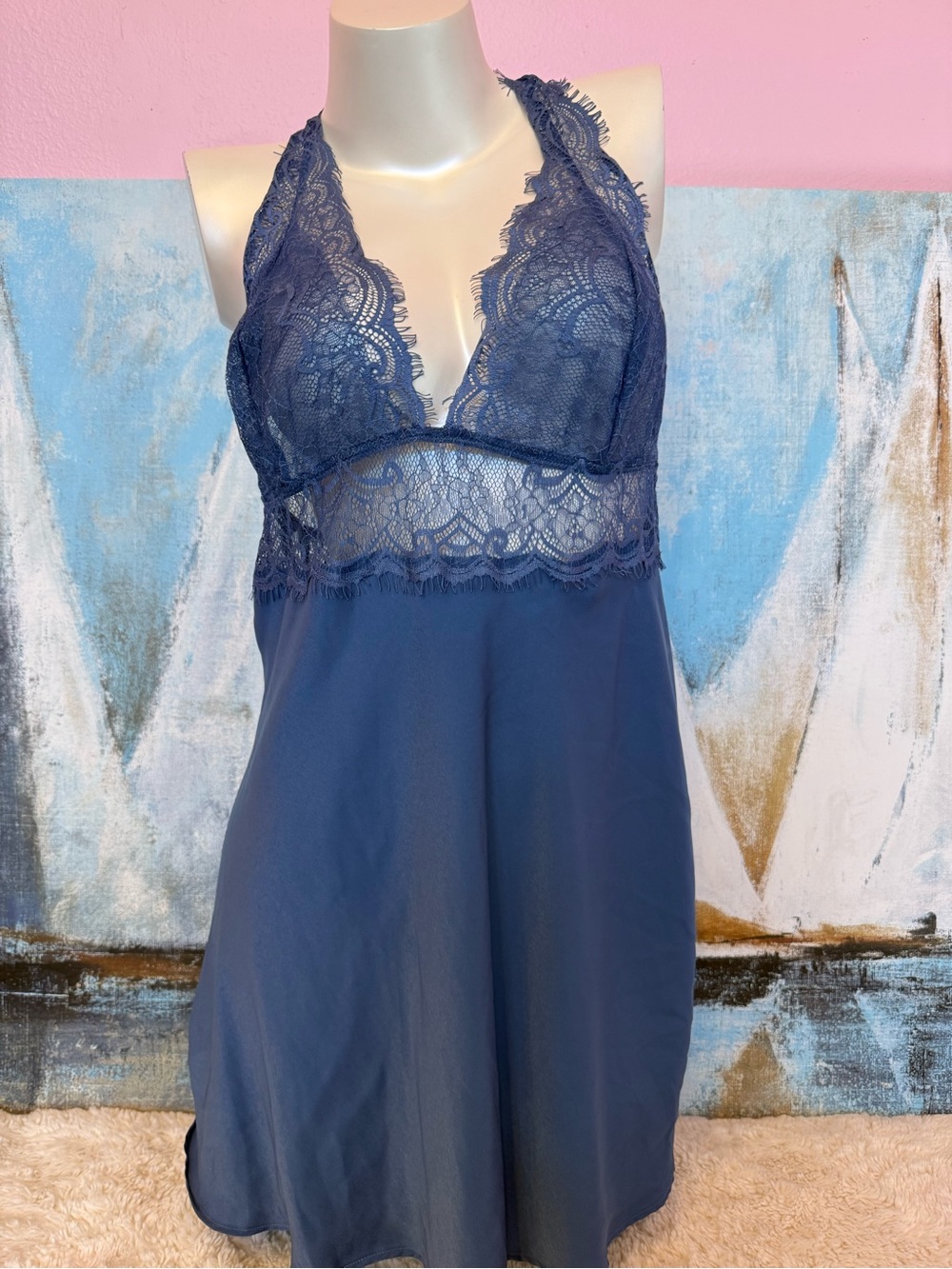 Adore Me Navy Lace Halter Chemise